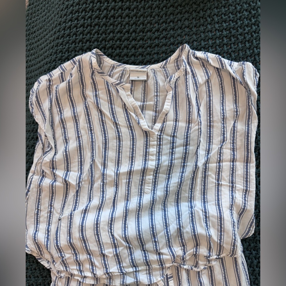 White Blouse with Navy Vertical Stripes
